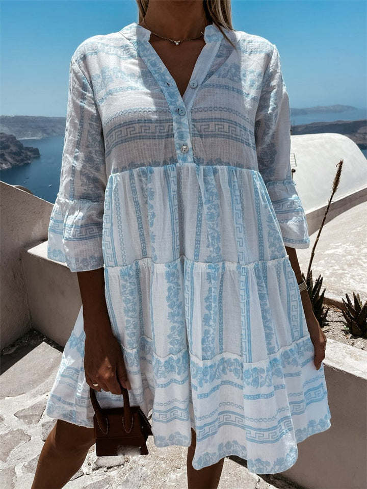 Women's Boho Printed Tiered Flare-Sleeve Tunic Dress