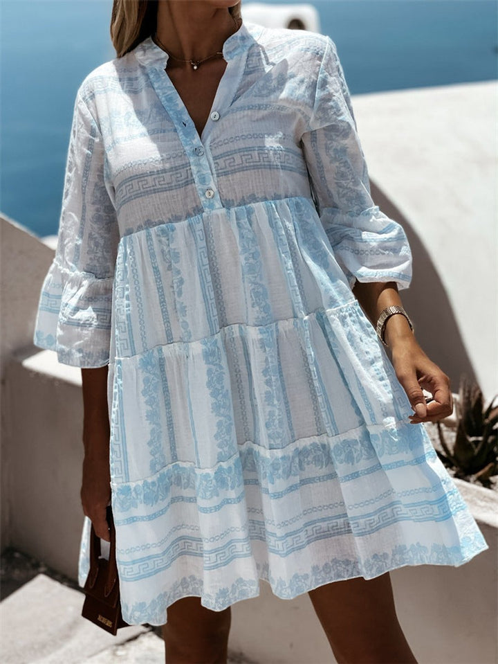 Women's Boho Printed Tiered Flare-Sleeve Tunic Dress
