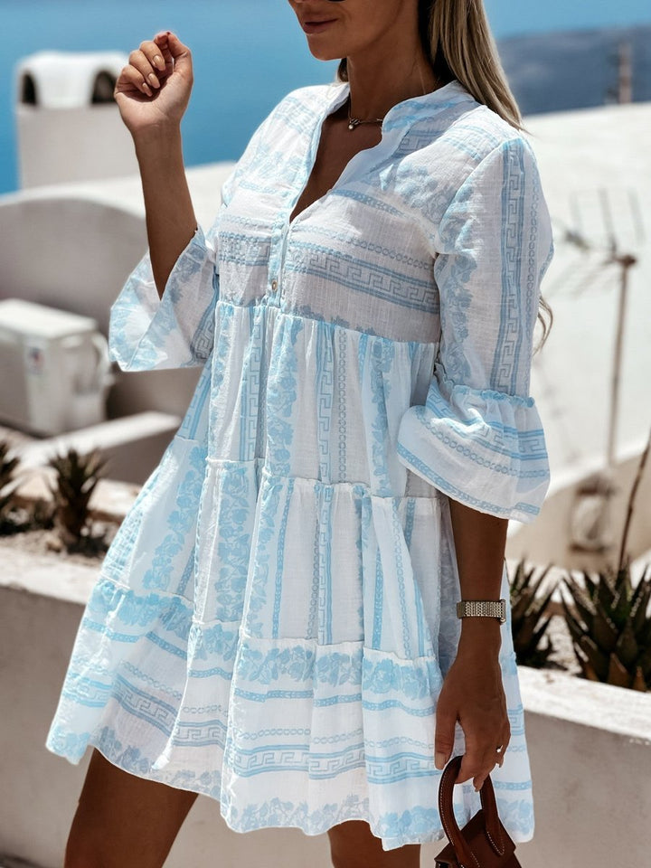 Women's Boho Printed Tiered Flare-Sleeve Tunic Dress
