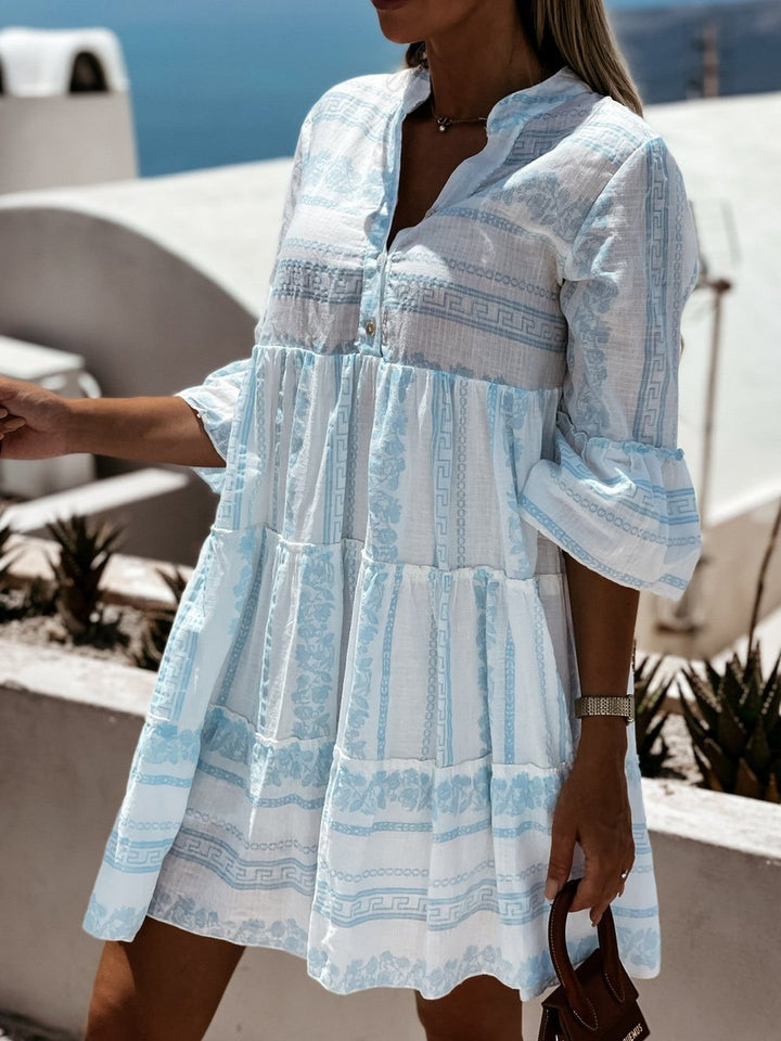 Women's Boho Printed Tiered Flare-Sleeve Tunic Dress