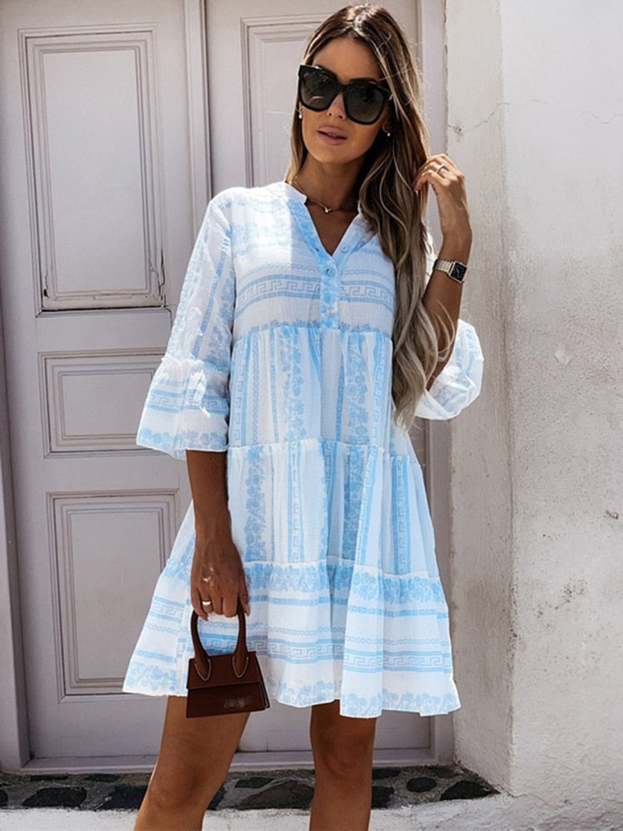 Women's Boho Printed Tiered Flare-Sleeve Tunic Dress