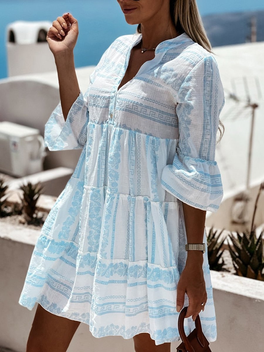 Women's Boho Printed Tiered Flare-Sleeve Tunic Dress