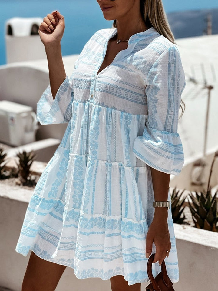Women's Boho Printed Tiered Flare-Sleeve Tunic Dress