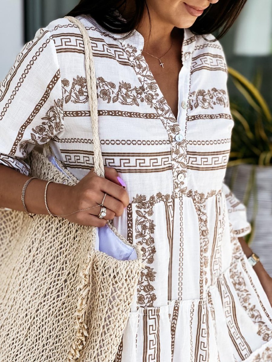 Women's Boho Printed Tiered Flare-Sleeve Tunic Dress