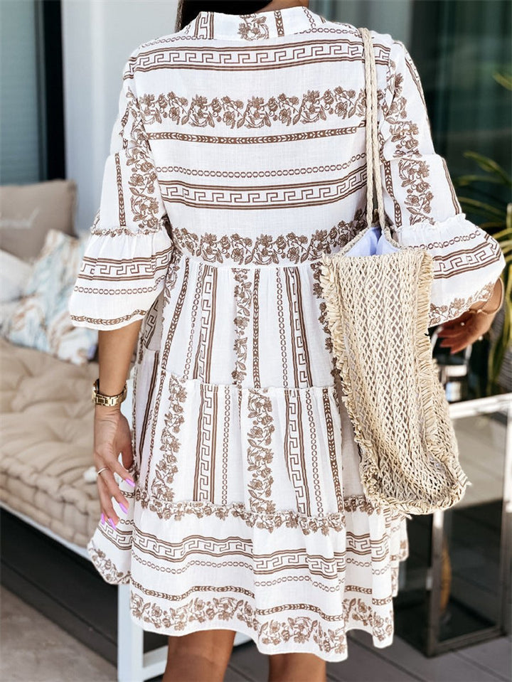 Women's Boho Printed Tiered Flare-Sleeve Tunic Dress