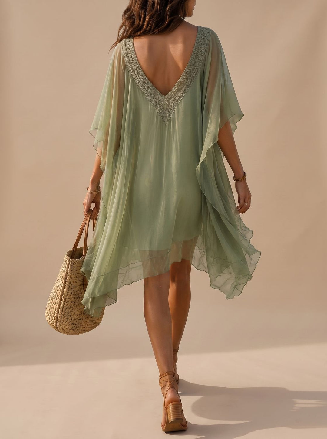 Women's Boho Sage Green Chiffon V-Neck Flowy Mini Sundress