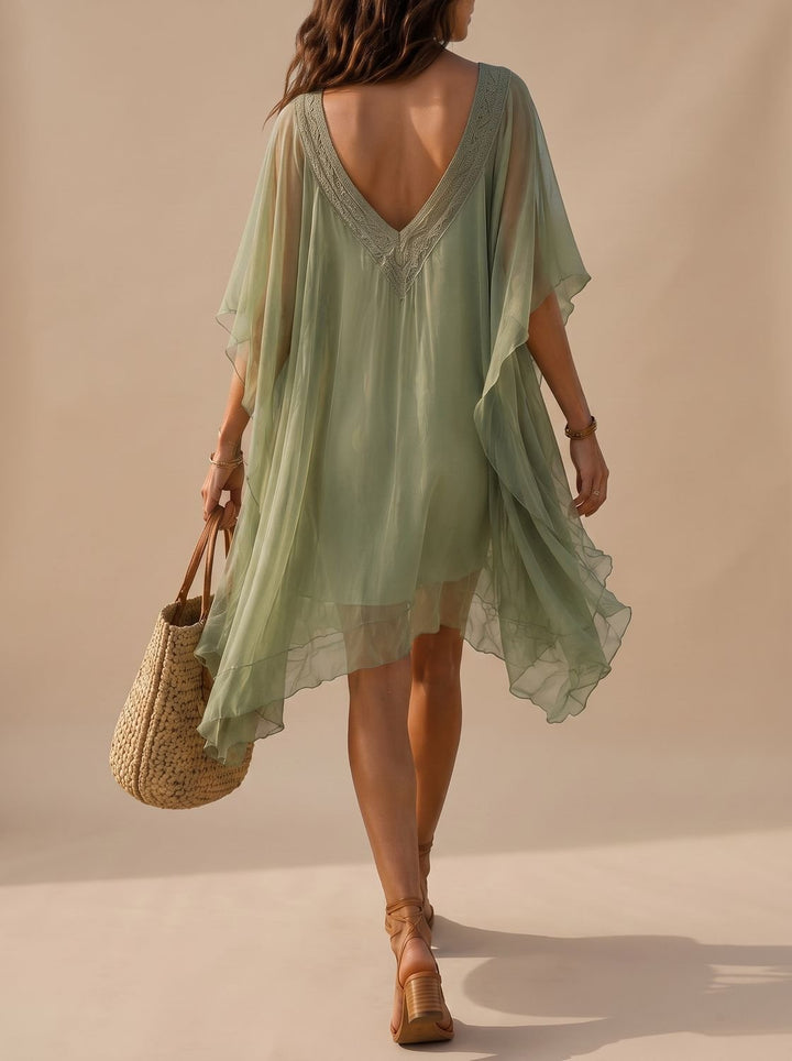 Women's Boho Sage Green Chiffon V-Neck Flowy Mini Sundress