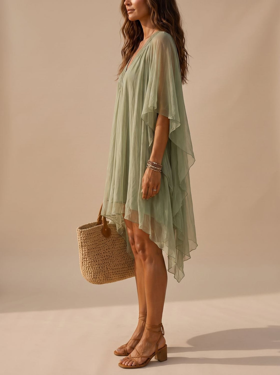 Women's Boho Sage Green Chiffon V-Neck Flowy Mini Sundress