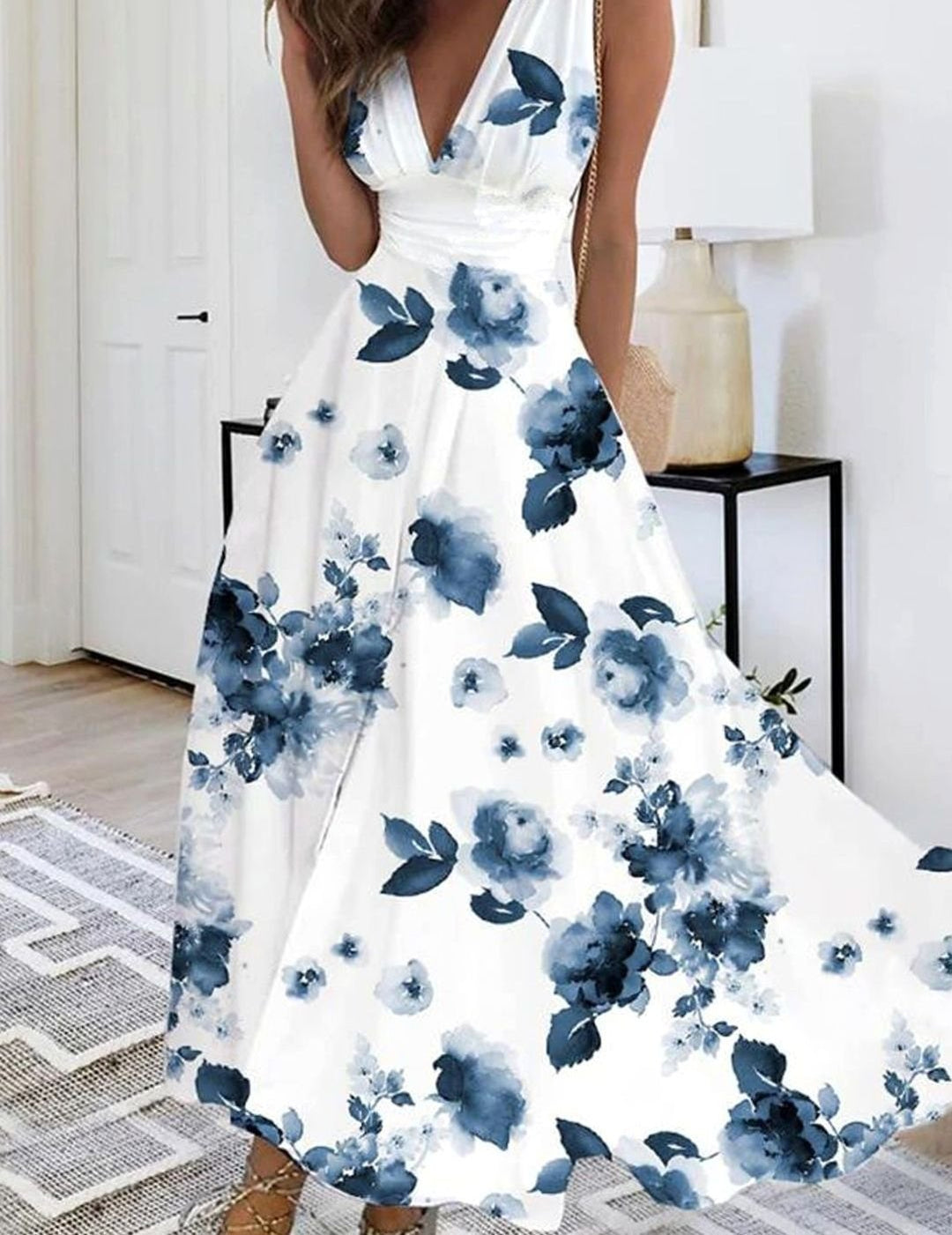 Women's Boho Sleeveless Floral V-Neck Maxi Dress
