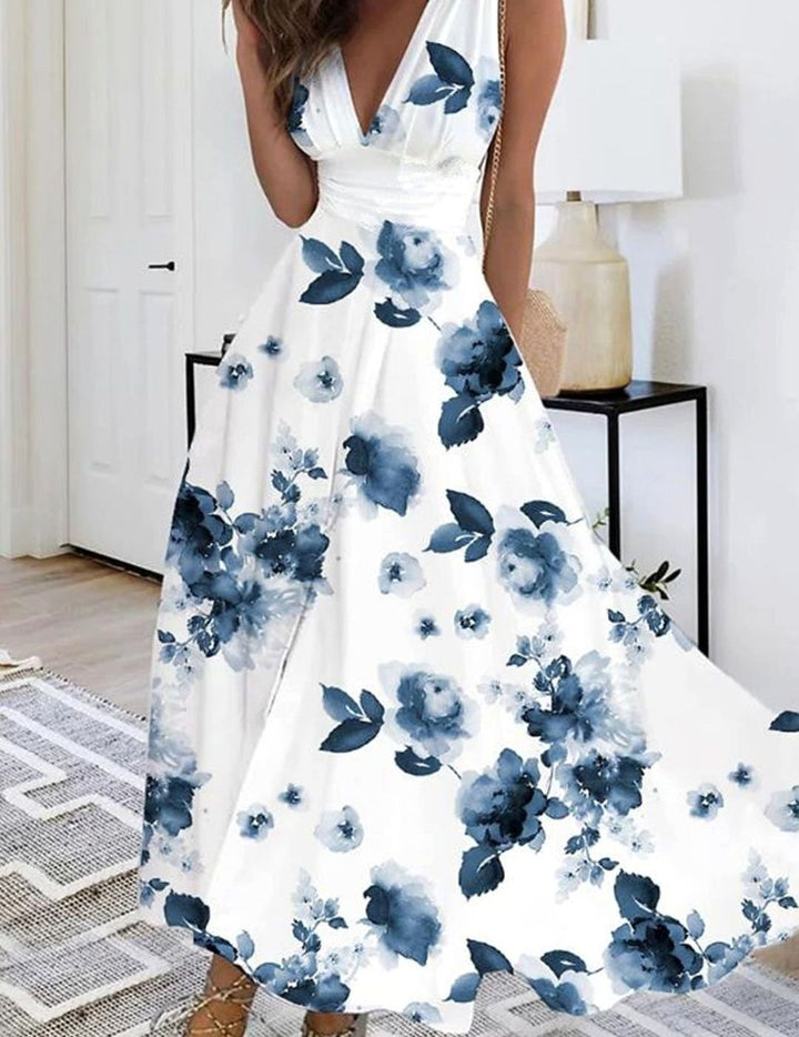 Women's Boho Sleeveless Floral V-Neck Maxi Dress