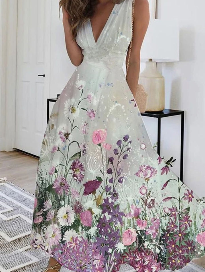 Women's Boho Sleeveless Floral V-Neck Maxi Dress