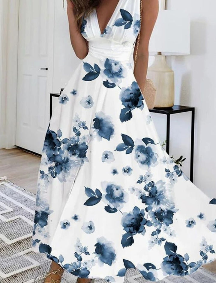Women's Boho Sleeveless Floral V-Neck Maxi Dress - White Floral