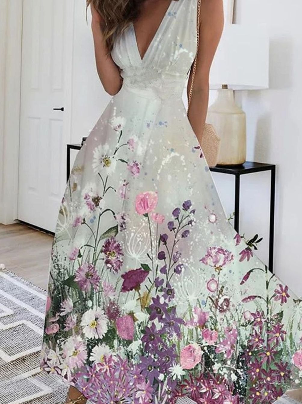 Women's Boho Sleeveless Floral V-Neck Maxi Dress - Blue Floral