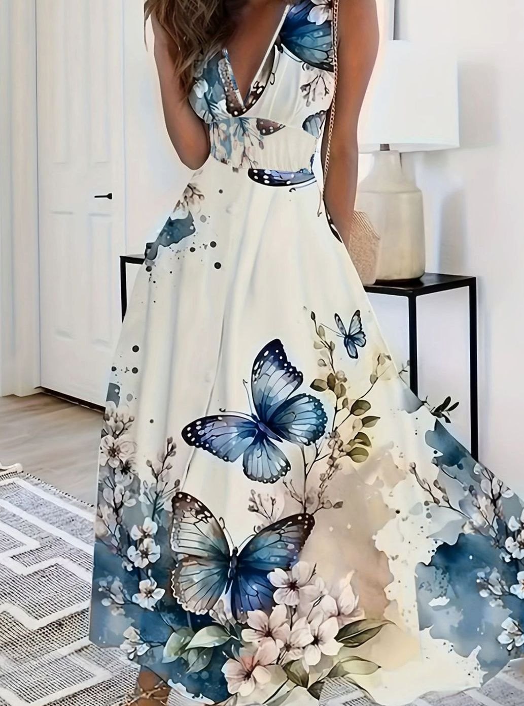 Women's Boho Sleeveless Floral V-Neck Maxi Dress - Pink Floral
