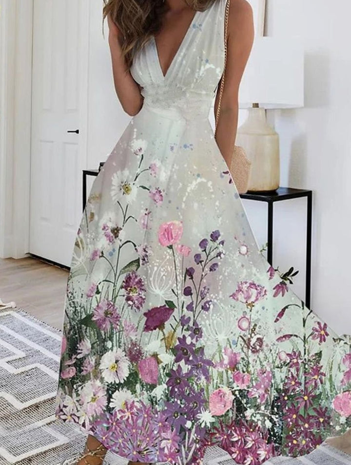 Women's Boho Sleeveless Floral V-Neck Maxi Dress