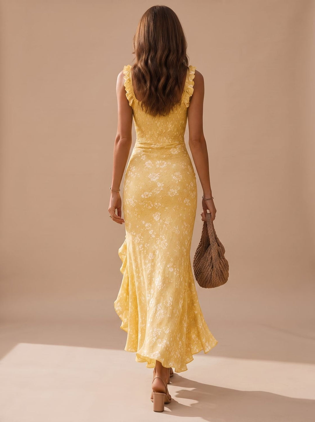 Women's Boho Smocked Ruffle Floral High-Low Maxi Dress