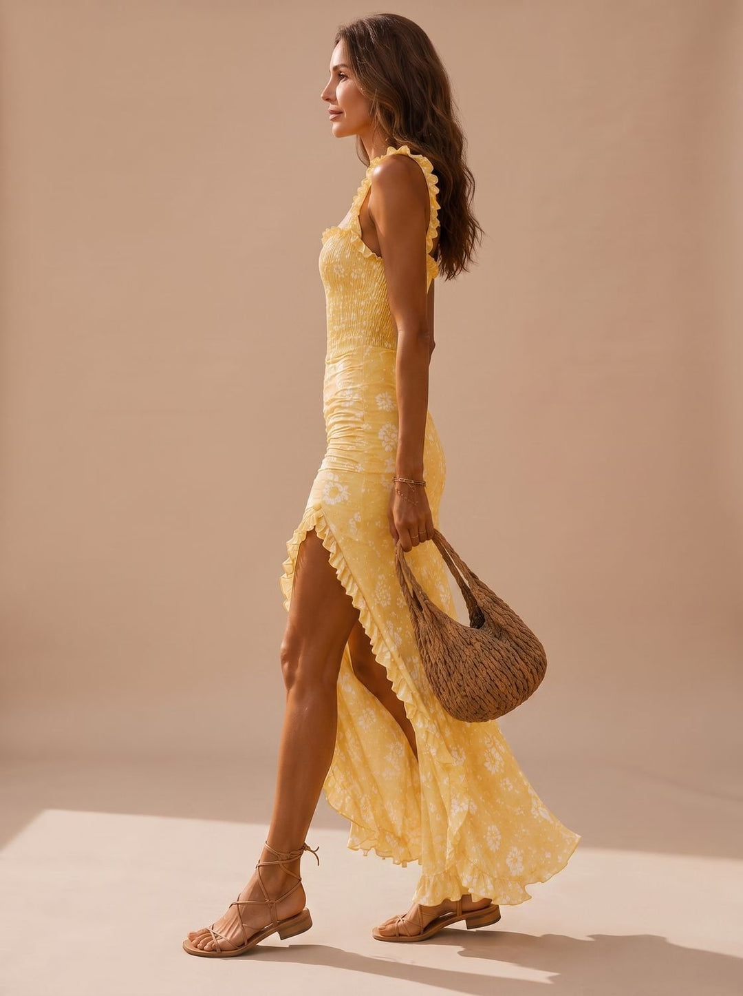 Women's Boho Smocked Ruffle Floral High-Low Maxi Dress