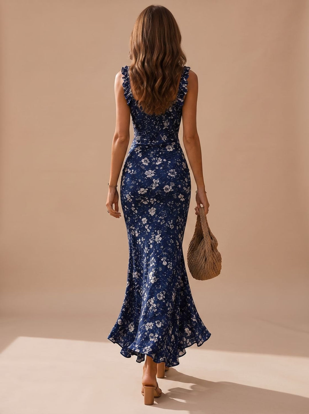 Women's Boho Smocked Ruffle Floral High-Low Maxi Dress
