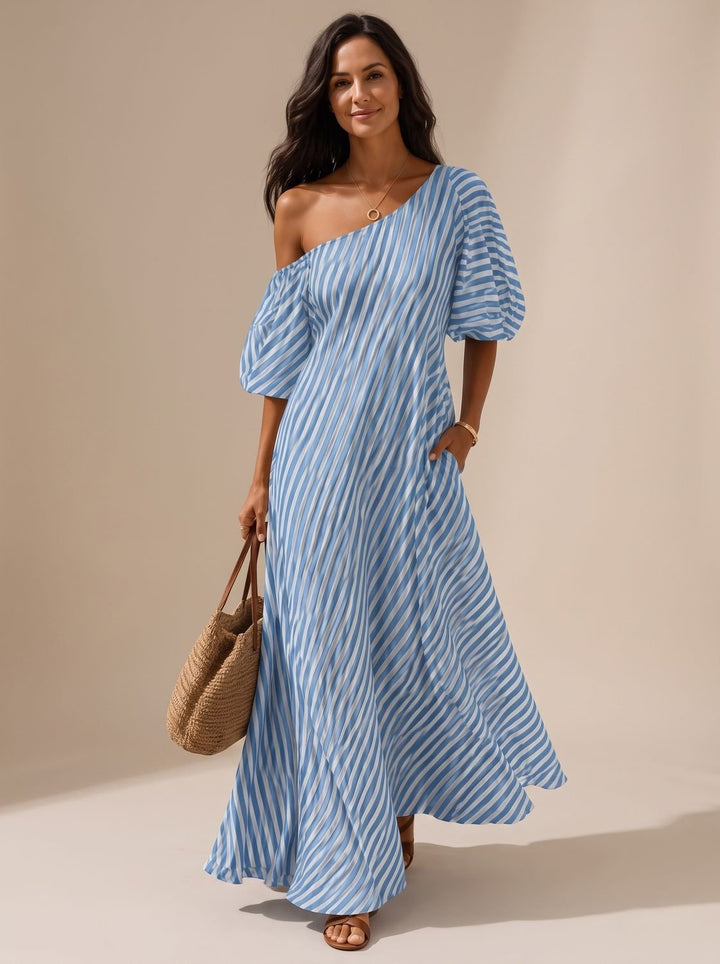 Women's Boho Striped One-Shoulder Flowy Maxi Dress - Blue