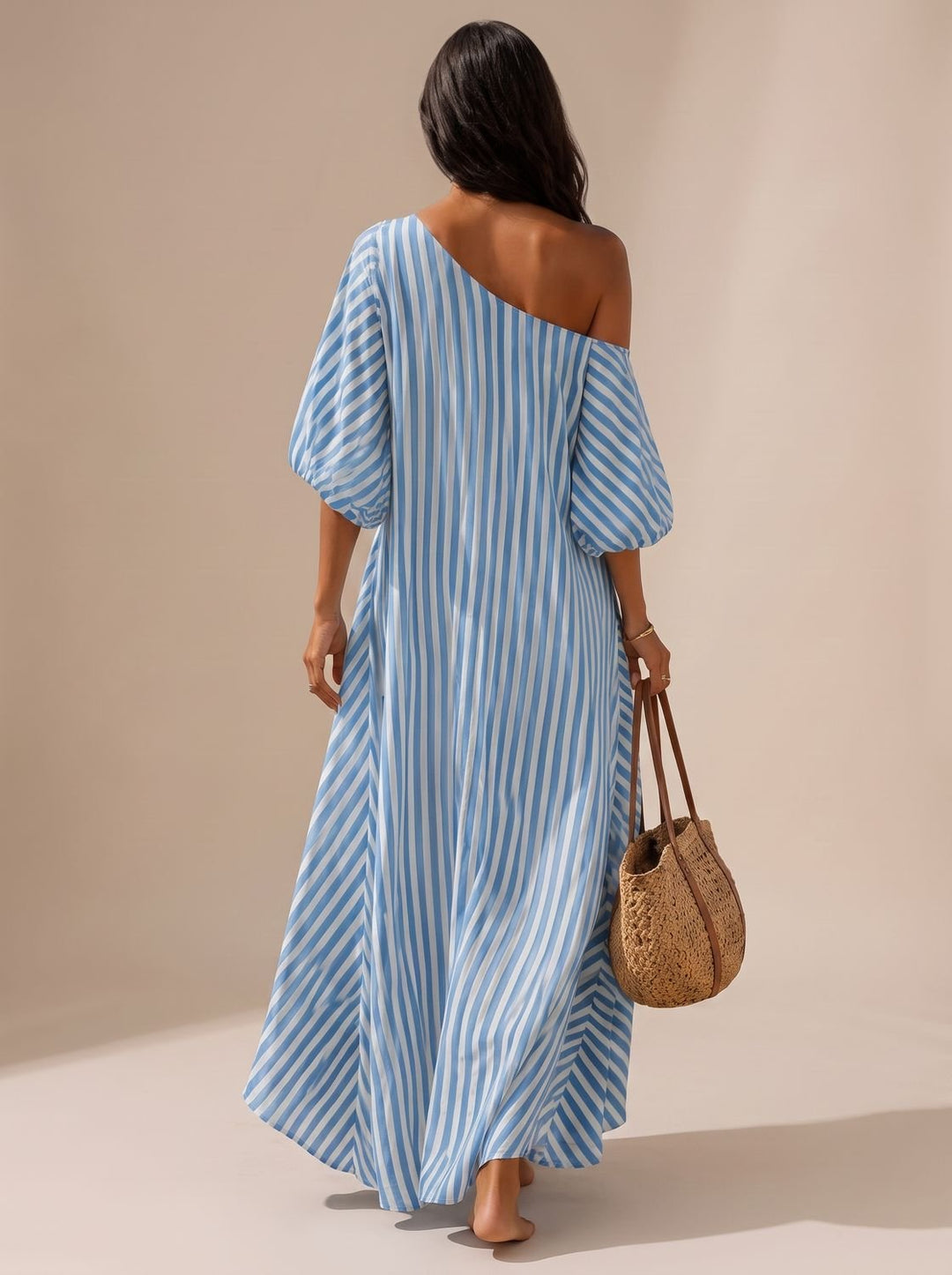 Women's Boho Striped One-Shoulder Flowy Maxi Dress
