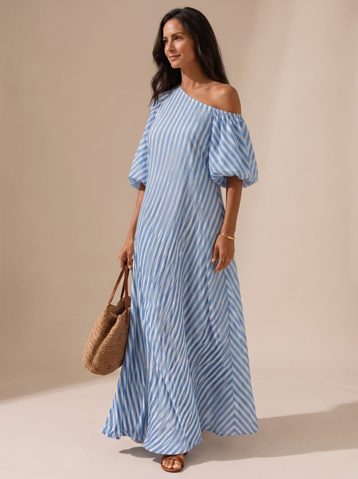 Women's Boho Striped One-Shoulder Flowy Maxi Dress