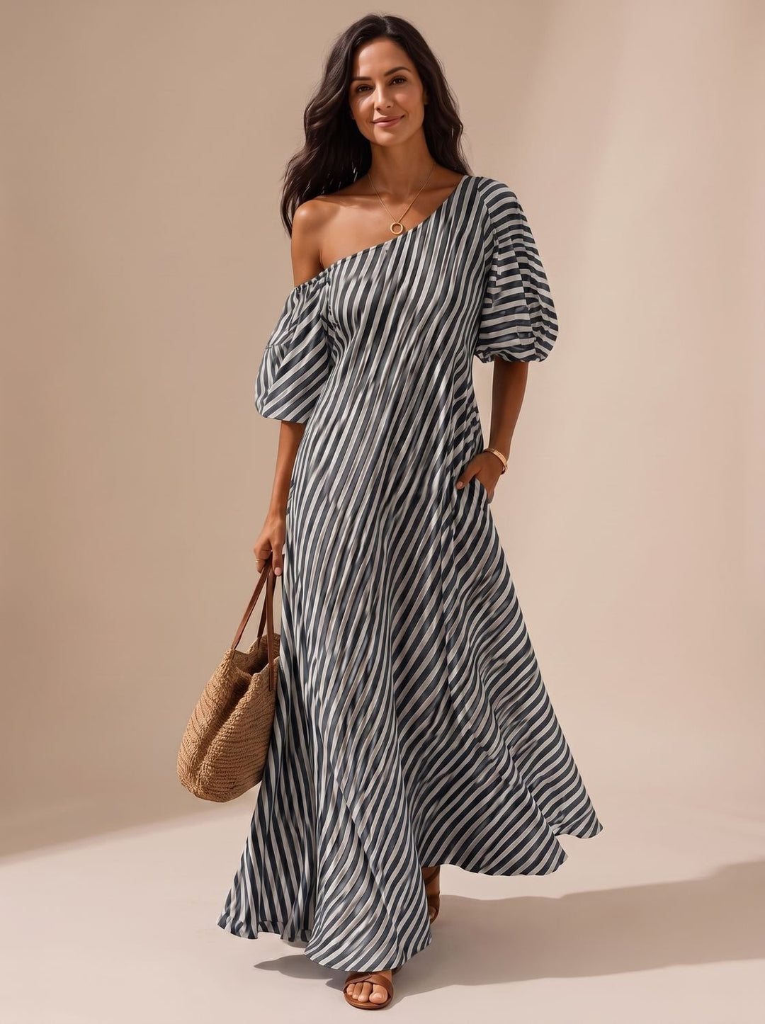 Women's Boho Striped One-Shoulder Flowy Maxi Dress - Black