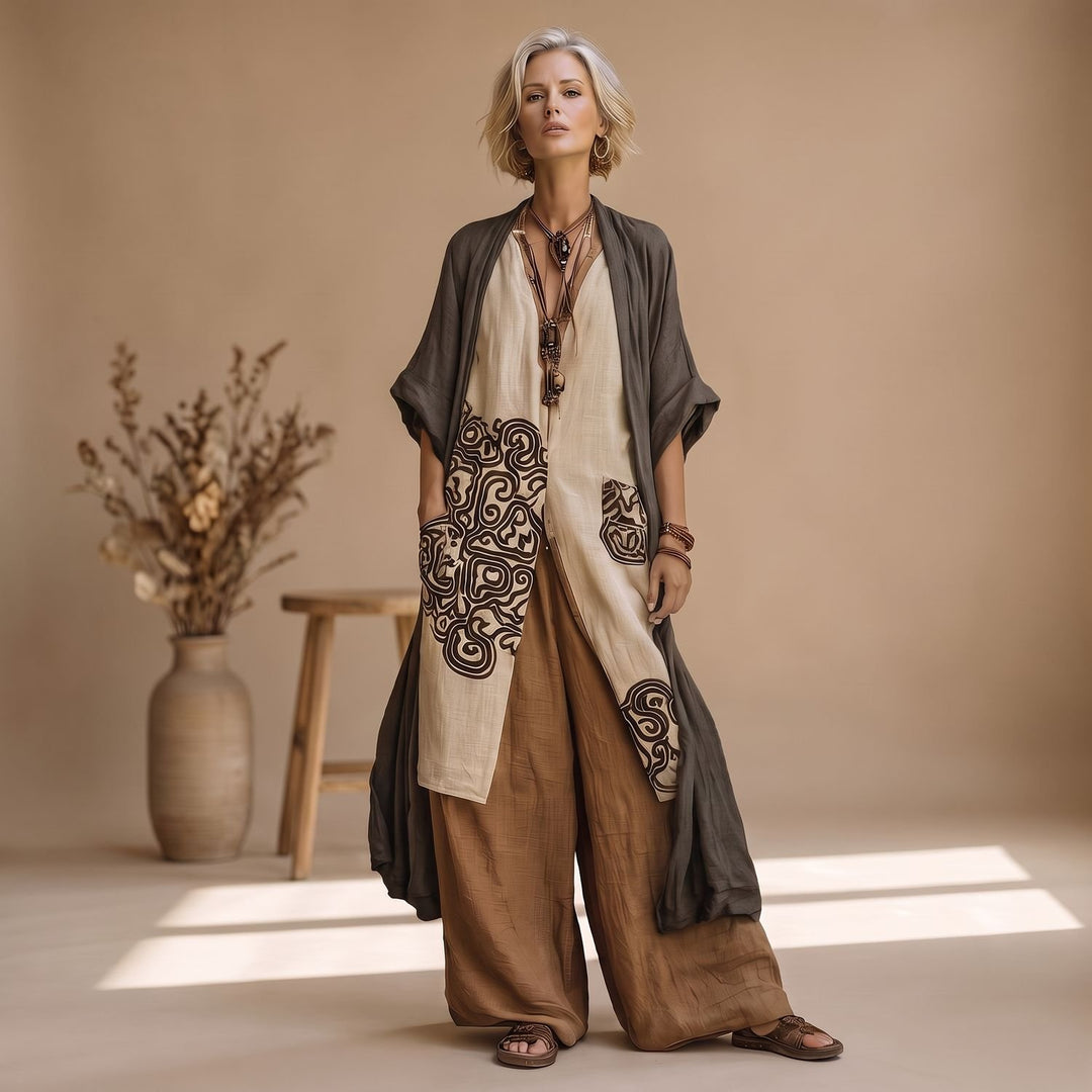 Women's Boho Tribal Print Three-Piece Linen Matching Set - Gray Brown