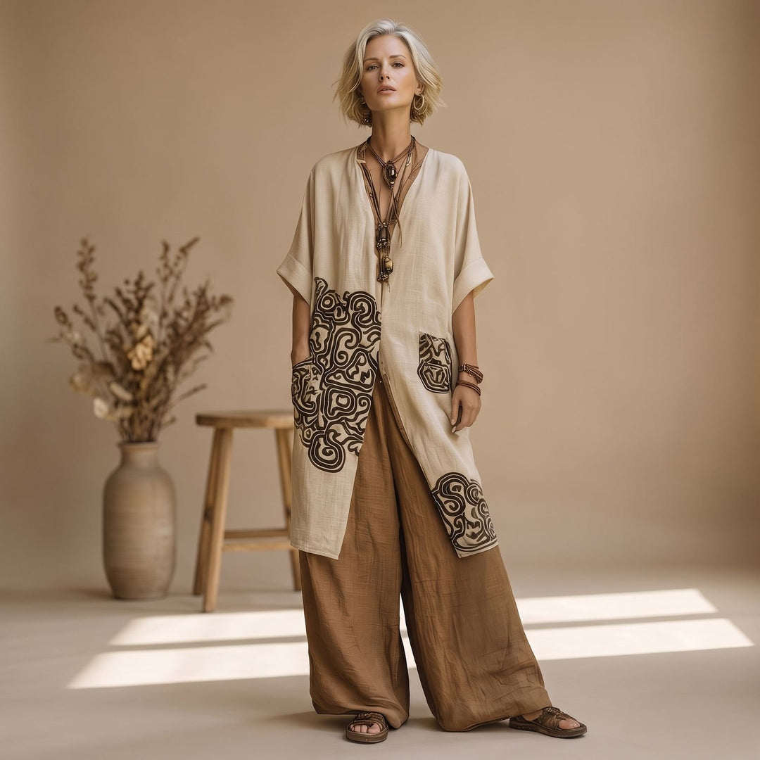 Women's Boho Tribal Print Three-Piece Linen Matching Set