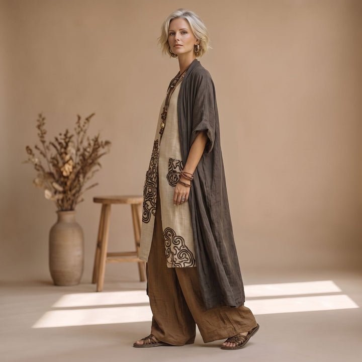 Women's Boho Tribal Print Three-Piece Linen Matching Set