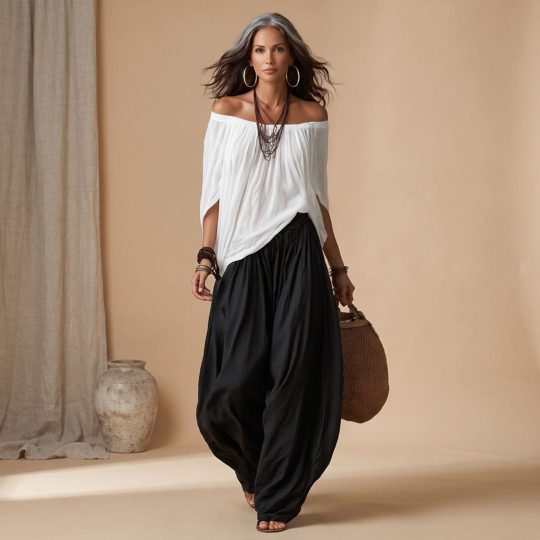 Women's Boho Two Piece Set Off-Shoulder Top Wide-Leg Pants - White
