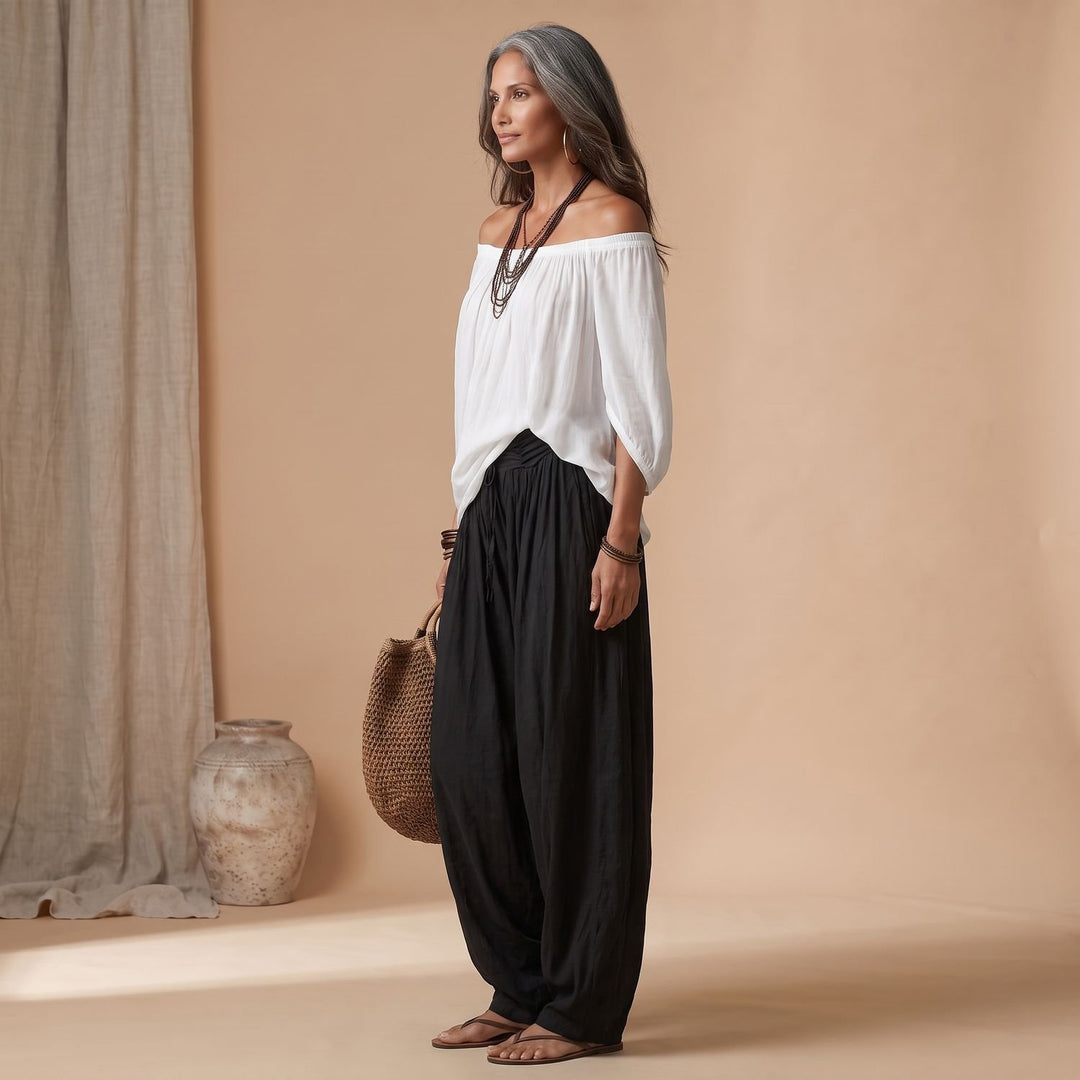 Women's Boho Two Piece Set Off-Shoulder Top Wide-Leg Pants
