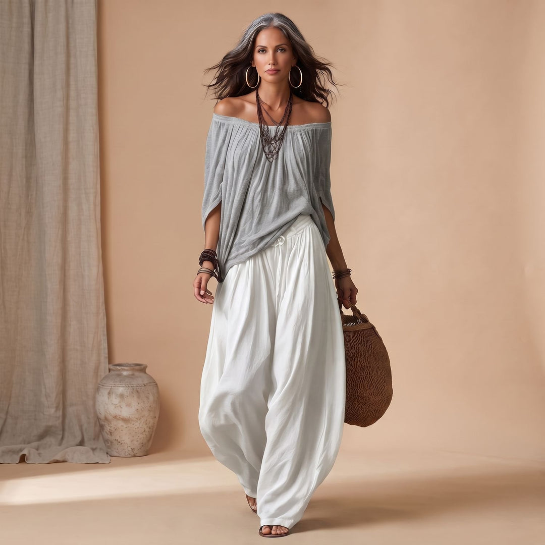 Women's Boho Two Piece Set Off-Shoulder Top Wide-Leg Pants - Gray