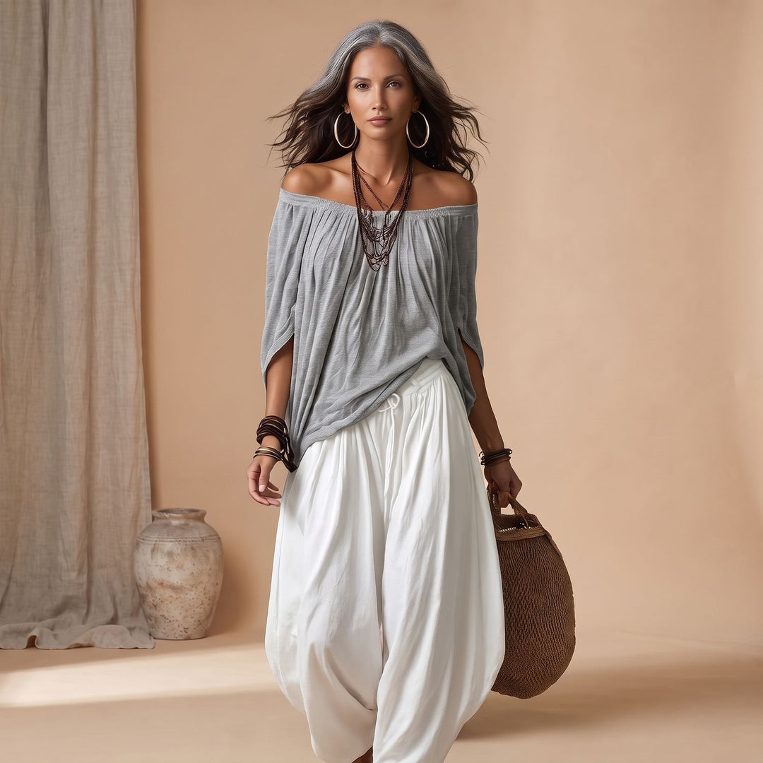 Women's Boho Two Piece Set Off-Shoulder Top Wide-Leg Pants