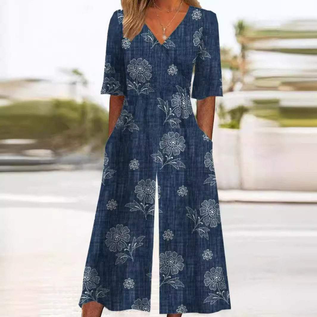 Women's Boho V-Neck Half-Sleeve Wide-Leg Jumpsuit - Navy Blue