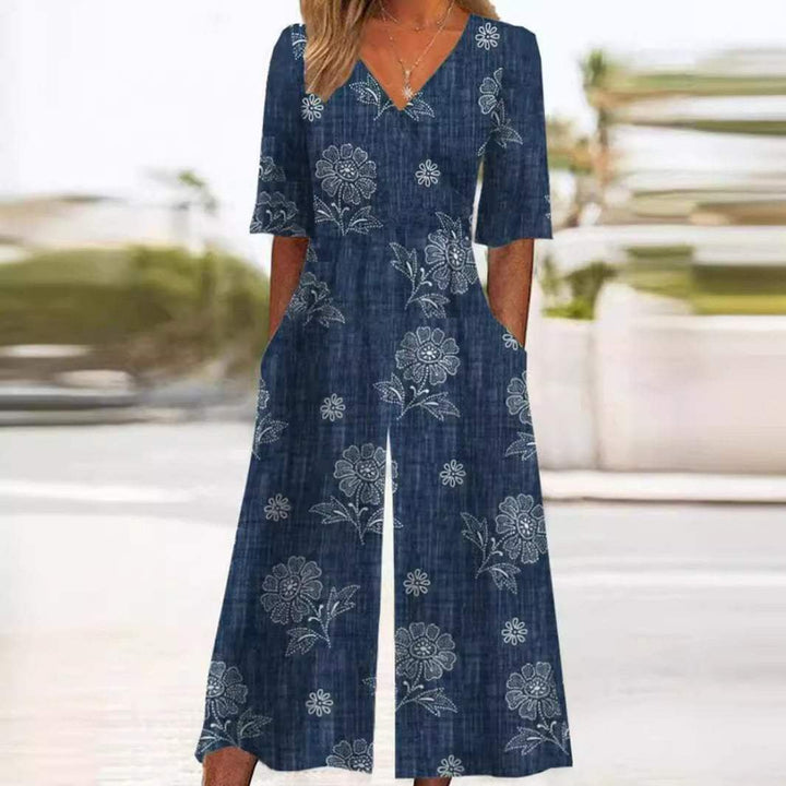 Women's Boho V-Neck Half-Sleeve Wide-Leg Jumpsuit - Navy Blue
