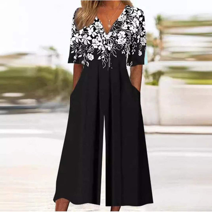 Women's Boho V-Neck Half-Sleeve Wide-Leg Jumpsuit - Black