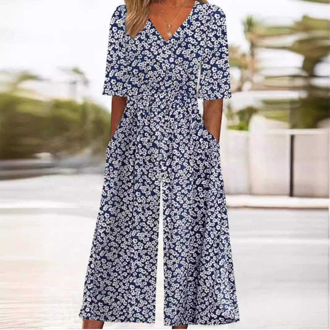 Women's Boho V-Neck Half-Sleeve Wide-Leg Jumpsuit - White