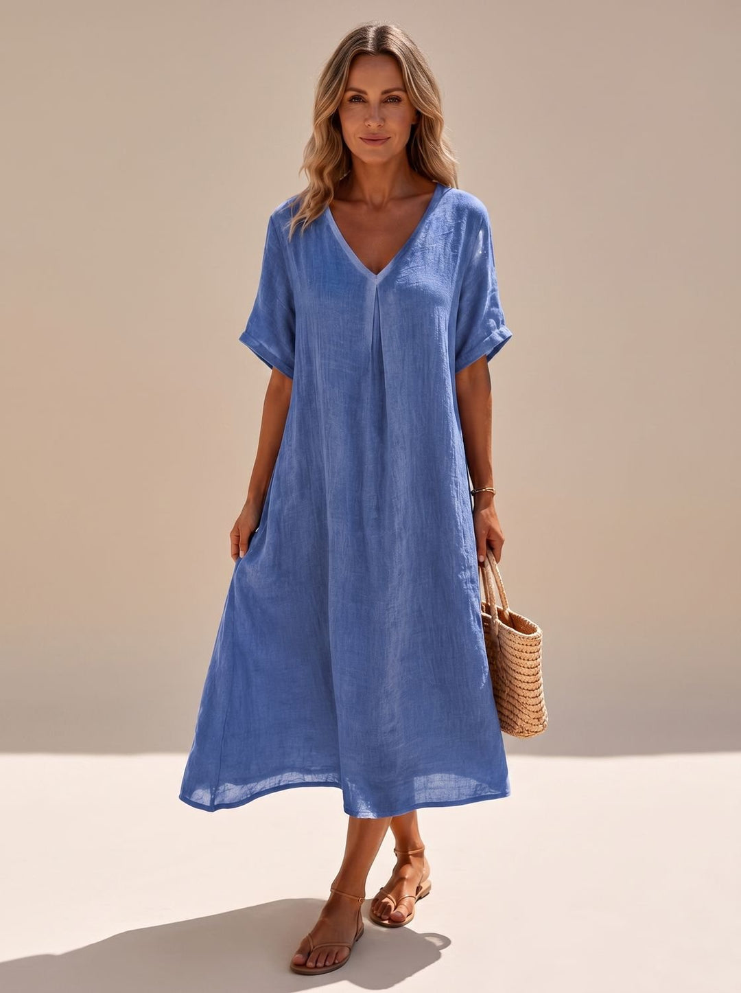Women's Boho V-Neck Short Sleeve Flowy Maxi Dress - Blue