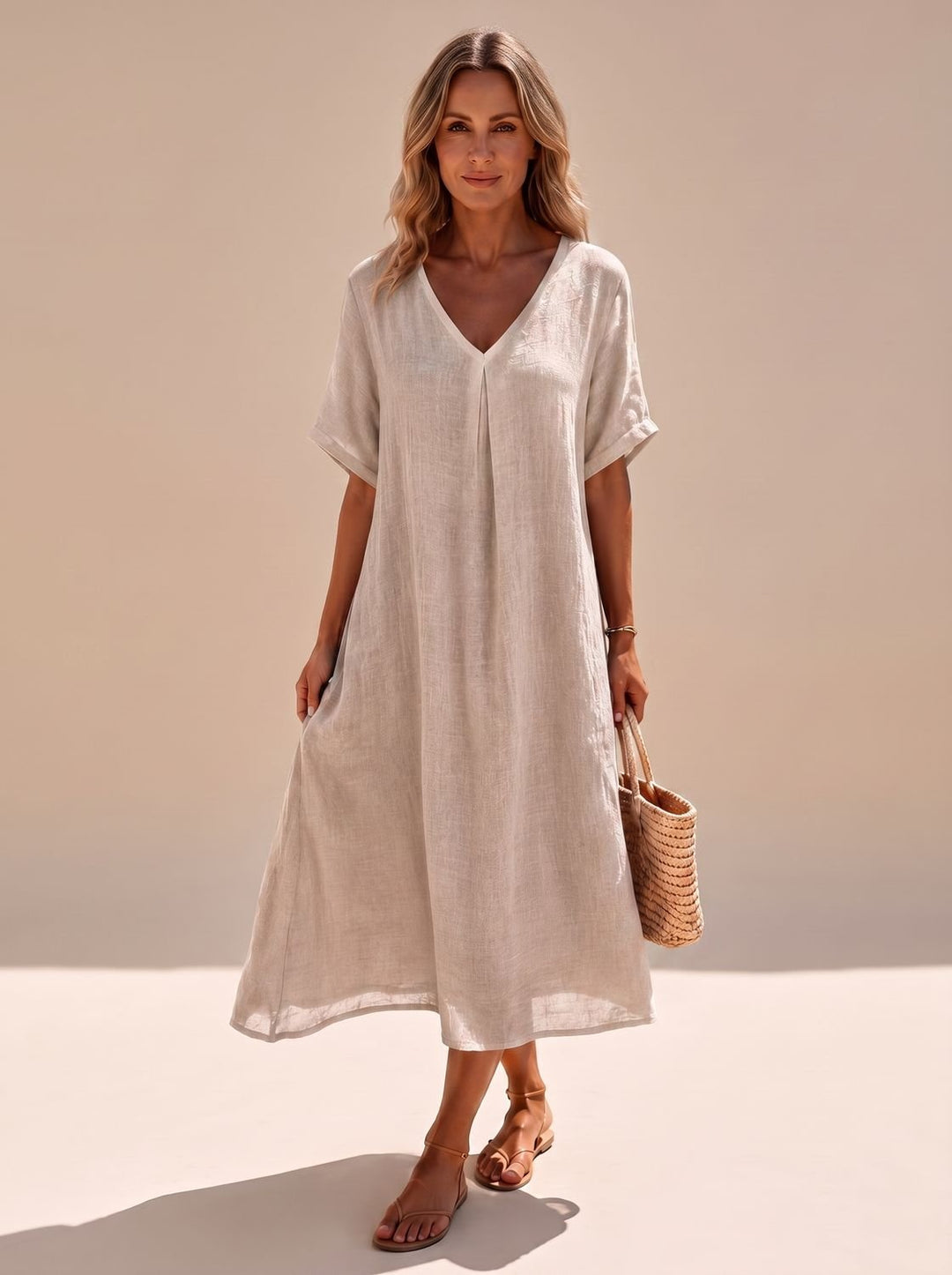 Women's Boho V-Neck Short Sleeve Flowy Maxi Dress - Beige
