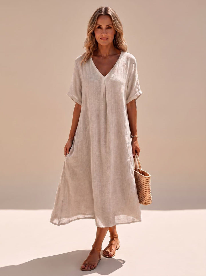 Women's Boho V-Neck Short Sleeve Flowy Maxi Dress - Beige