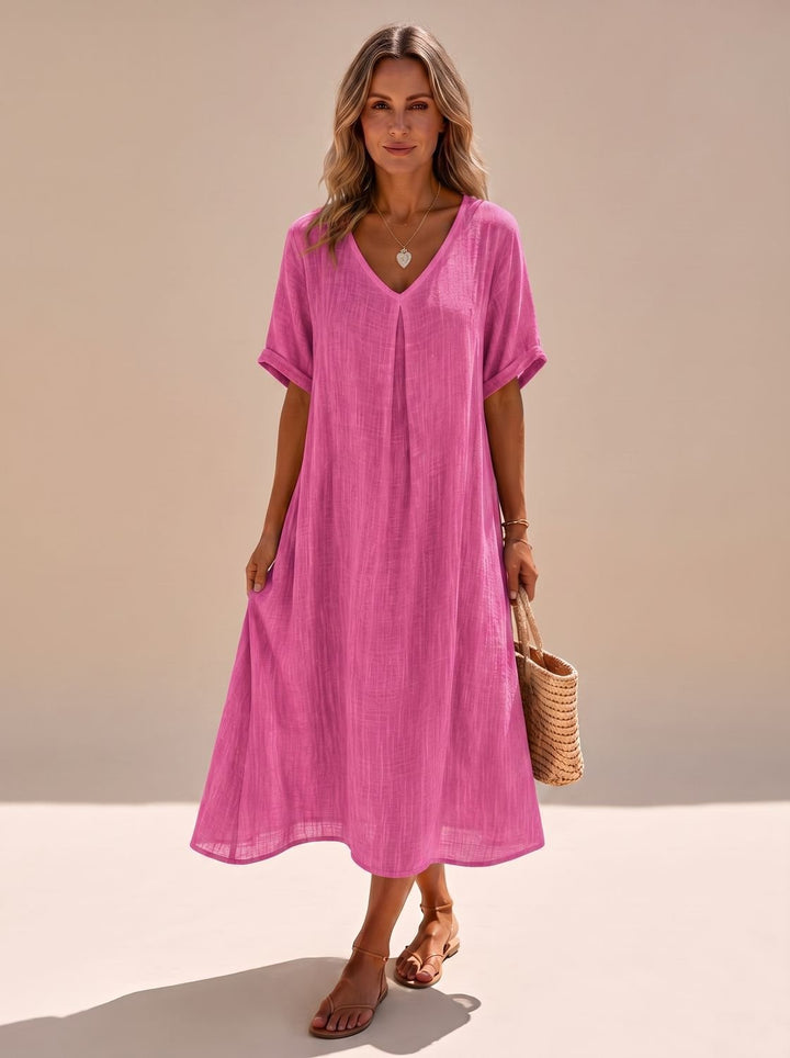 Women's Boho V-Neck Short Sleeve Flowy Maxi Dress - Pink