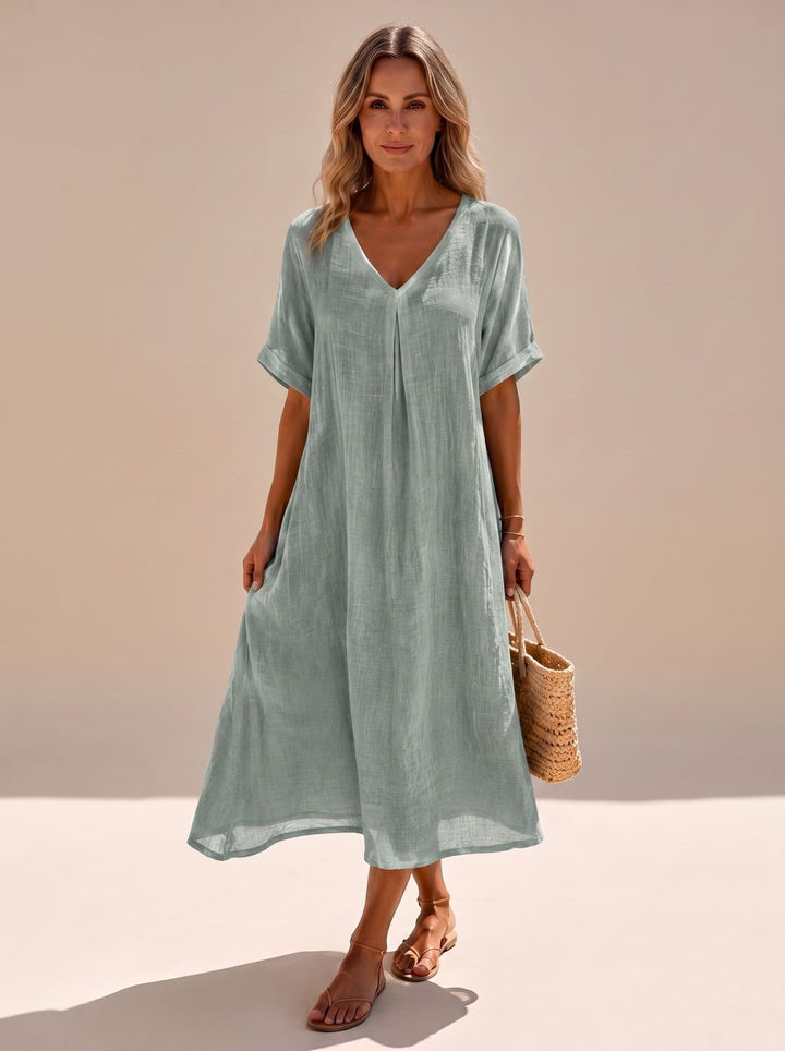 Women's Boho V-Neck Short Sleeve Flowy Maxi Dress - Light Green