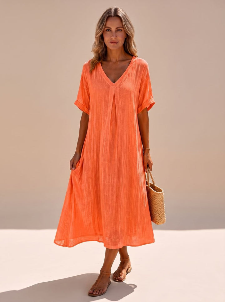 Women's Boho V-Neck Short Sleeve Flowy Maxi Dress - Orange