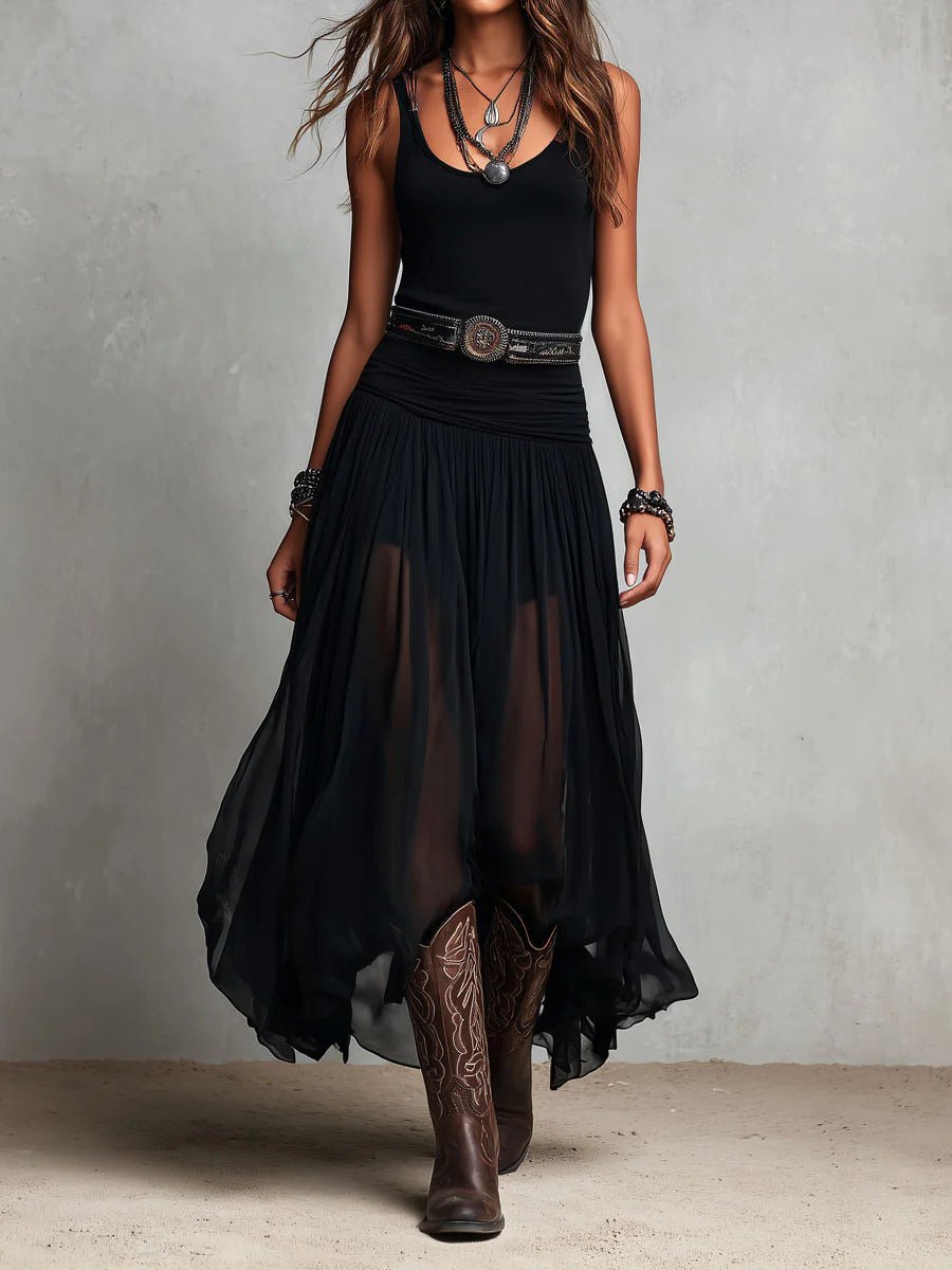 Women's Boho V-Neck Sleeveless Sheer Tulle Maxi Dress - Black
