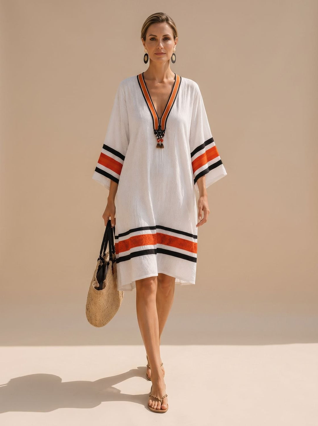 Women's Boho V-Neck Striped Trim Kaftan Cover-Up Dress