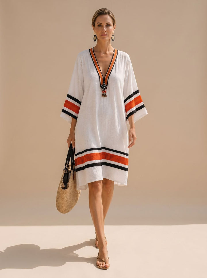Women's Boho V-Neck Striped Trim Kaftan Cover-Up Dress