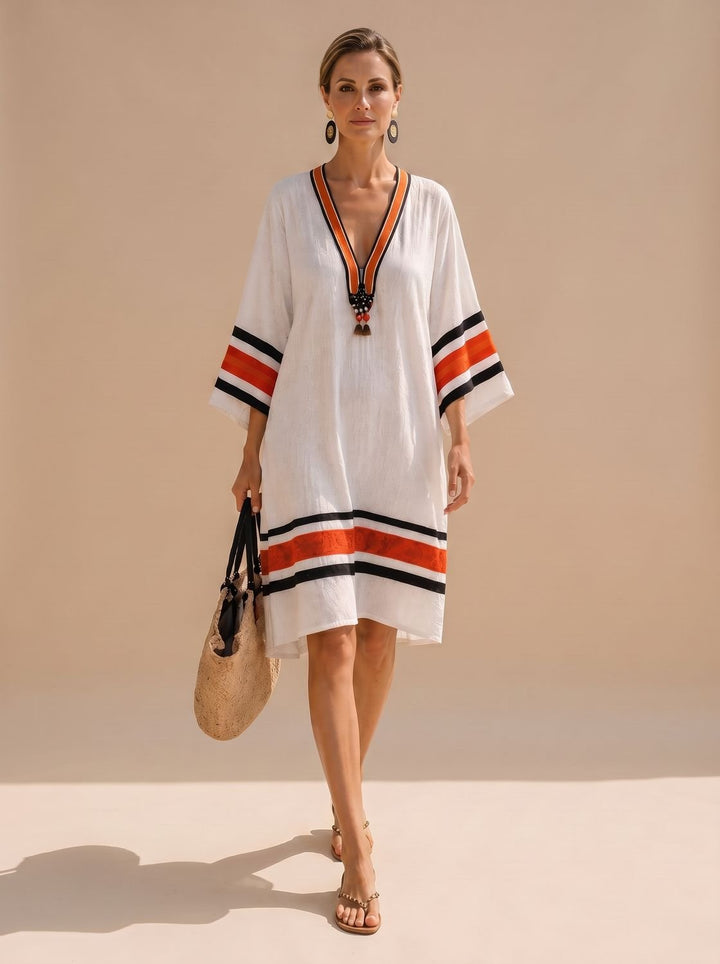 Women's Boho V-Neck Striped Trim Kaftan Cover-Up Dress