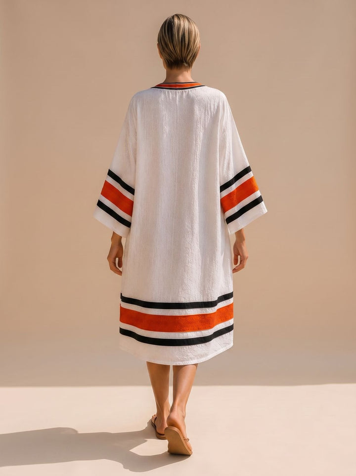 Women's Boho V-Neck Striped Trim Kaftan Cover-Up Dress