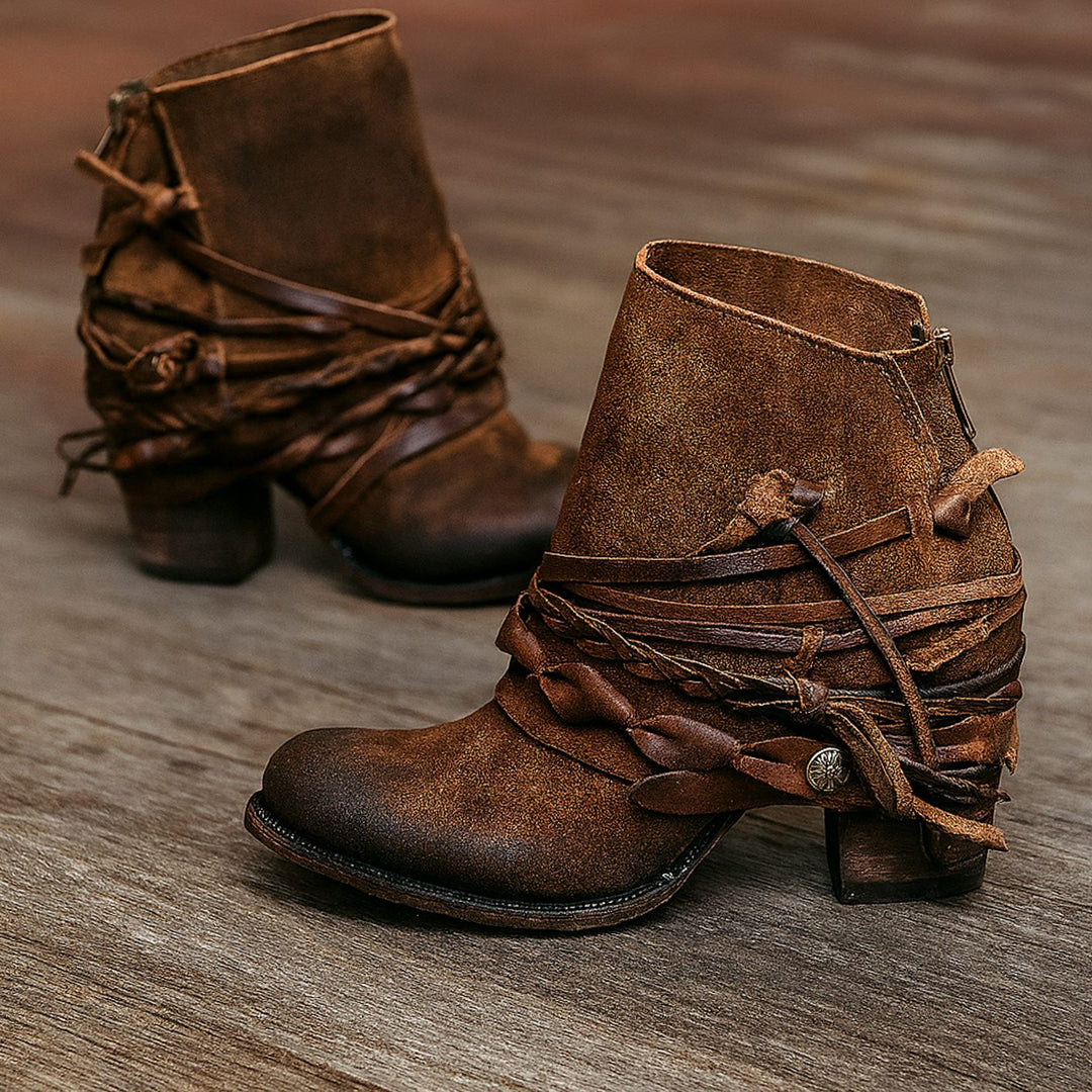 Women's Boho Western Wrap-Strap Block-Heel Ankle Boots - Brown