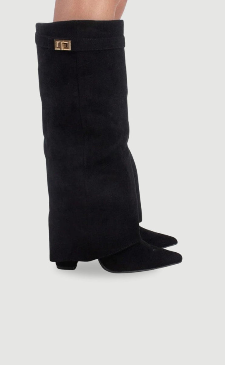 Women's Boots Black Suede Fold-Over Pointed-Toe Gold Clasp